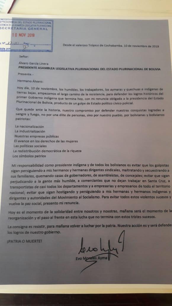 Llegó la carta de renuncia firmada por Evo Morales  Urgentebo